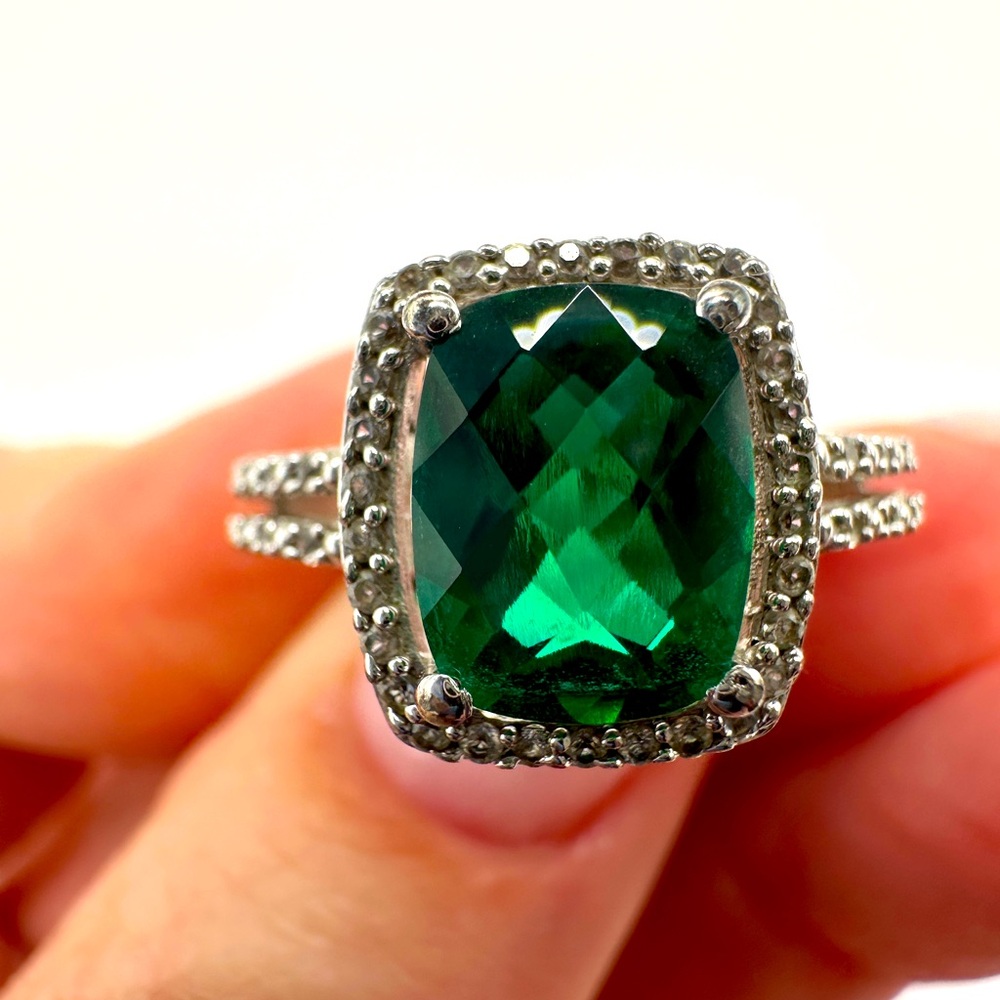 Gorgeous Synthetic Emerald & Diamond Sterling Ring